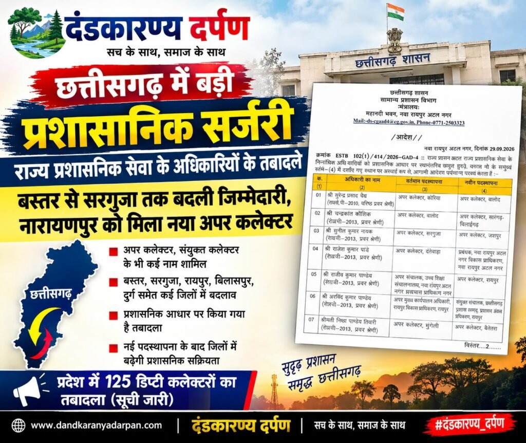 छत्तीसगढ़ में राज्य प्रशासनिक सेवा अधिकारियों के तबादले का सरकारी आदेश