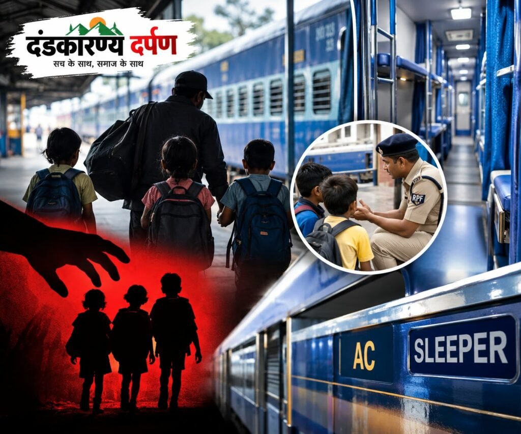 रेलवे स्टेशन पर बच्चों की तस्करी रोकने के लिए जांच करती सुरक्षा टीम