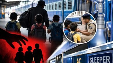 रेलवे स्टेशन पर बच्चों की तस्करी रोकने के लिए जांच करती सुरक्षा टीम